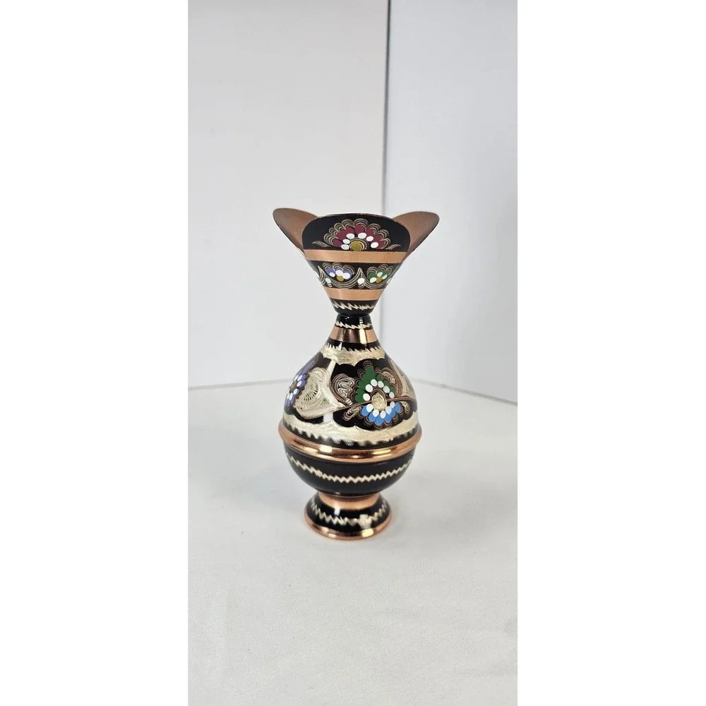 Persian‎ Minakari Copper Vase Hand-Painted Floral Enamel Black 6.5in
